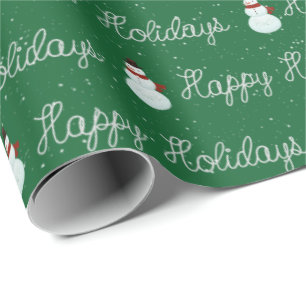 Happy Holidays snowman and rope text on green Wrapping Paper