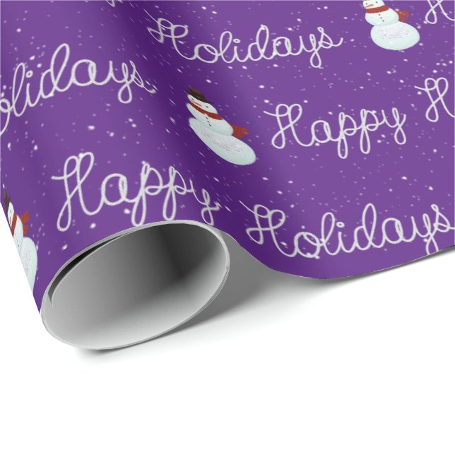 Happy Holidays snowman and rope text on purple Wrapping Paper (Roll Corner)