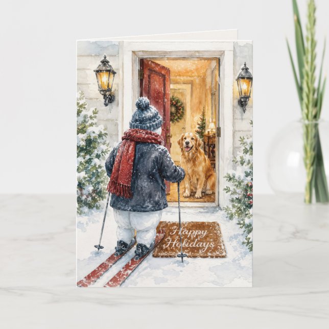 Happy Holidays Snowman on Skis Card (Front)