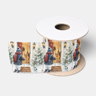 Happy Holidays Snowman on Skis Satin Ribbon