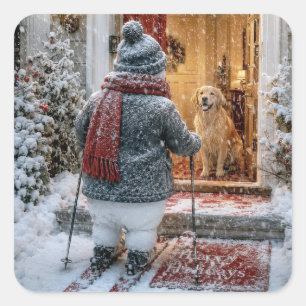 Happy Holidays Snowman on Skis Square Sticker