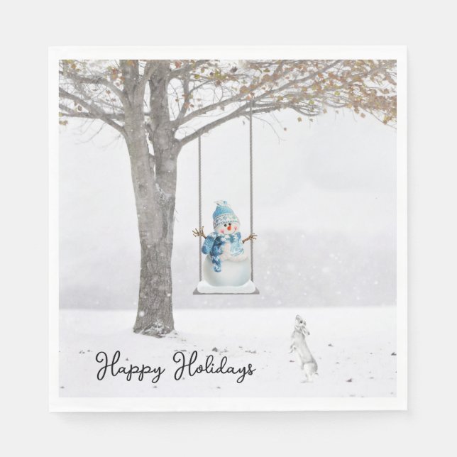Happy Holidays Snowman On Winter Swing Napkin (Front)