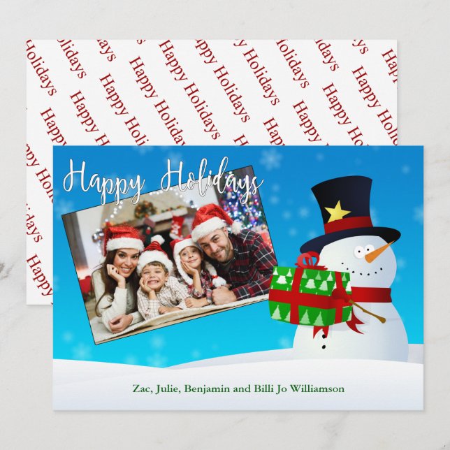 Happy Holidays Snowman With a Gift and Your Photo Holiday Card (Front/Back)
