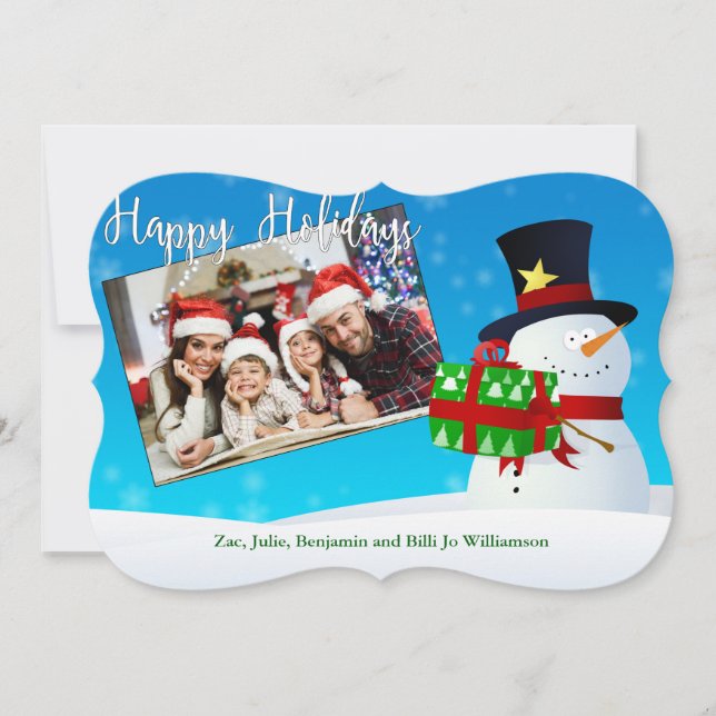 Happy Holidays Snowman Your Photo Fancy Cut Holiday Card (Front)