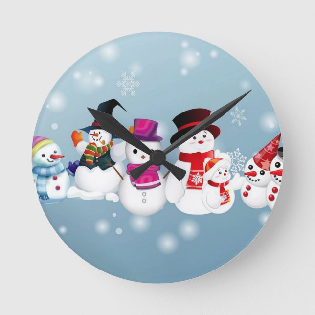 Happy Holidays Snowmen Round Clock (Front)