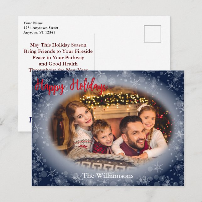 Happy Holidays Snowy Blue Photo Frame Christmas Postcard (Front/Back)