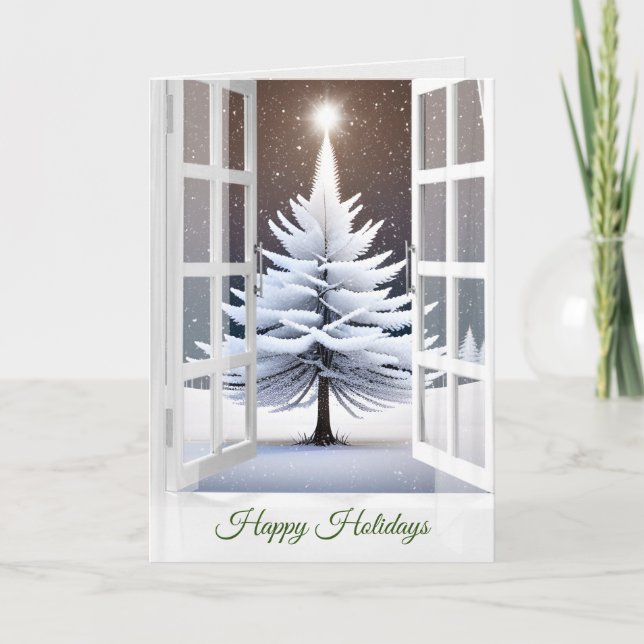 Happy Holidays Snowy Pine In Window Card (Front)