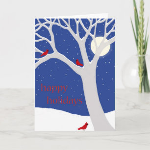 Happy Holidays Snowy Tree with Cardinals Card