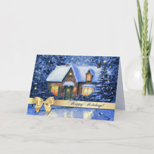 Happy Holidays. Snowy Village Painting Christmas Holiday Card