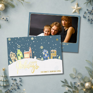Happy Holidays Snowy Village Scene Teal and Gold Foil Holiday Card