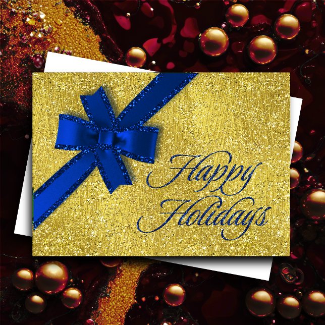 Happy Holidays Sparkly Gold Royal Blue Glitter Bow Holiday Card (Creator Uploaded)