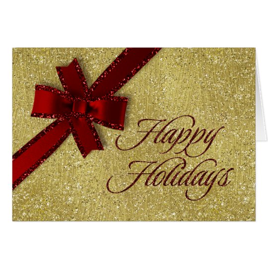 Happy Holidays Sparkly Gold w Red Glittery Bow Card