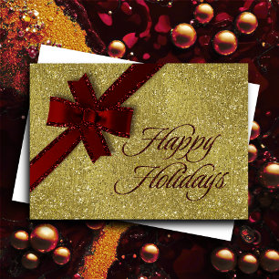 Happy Holidays Sparkly Gold w Red Glittery Bow Holiday Card
