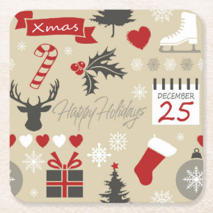 Happy Holidays Square Paper Coaster