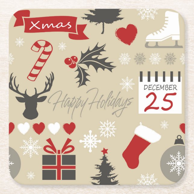 Happy Holidays Square Paper Coaster (Front)