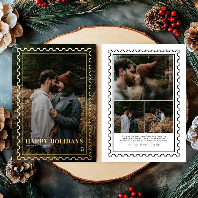  Happy Holidays Stamp family Photo Foil Holiday Card (Creator Uploaded)