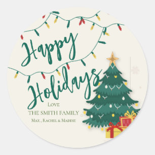 Happy Holidays String Lights Tree Cute Christmas Classic Round Sticker