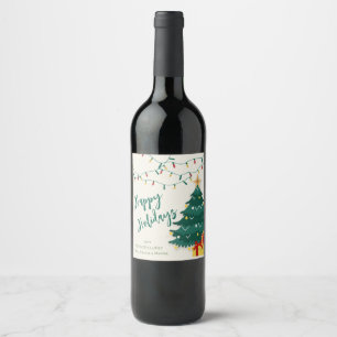 Happy Holidays String Lights Tree Cute Christmas  Wine Label