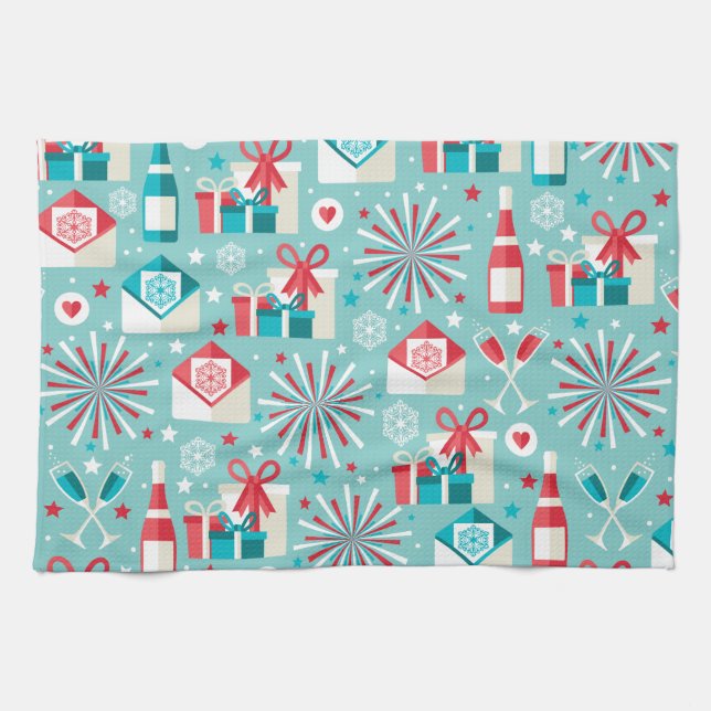 Happy Holidays Teal Blue and Red Pattern Tea Towel (Horizontal)