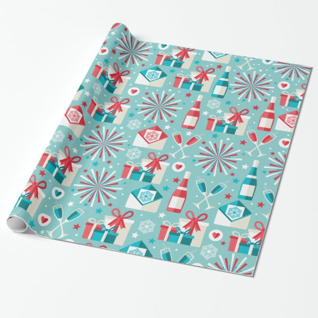 Happy Holidays Teal Blue and Red Pattern Wrapping Paper (Unrolled)