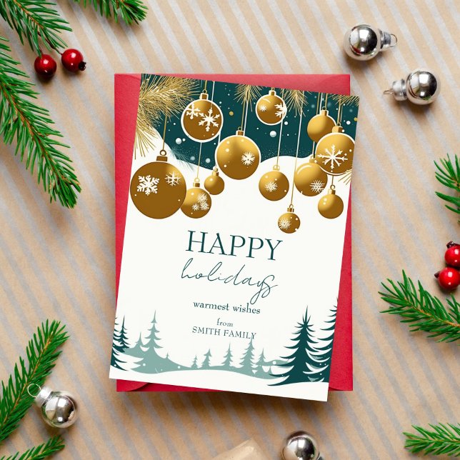 Happy Holidays teal green gold midcentury baubles Holiday Card (Happy Holidays Christmas midcentury retro style gold baubles teal pines holiday greeting template)
