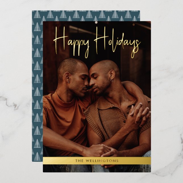 Happy Holidays Teal Modern Calligraphy Christmas Foil Holiday Card (Front/Back)