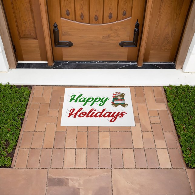 Happy Holidays Teddy Bear Christmas script Doormat (Outdoor)