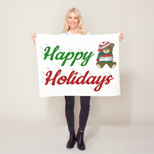 Happy Holidays Teddy Bear Christmas script Fleece Blanket (In Situ)