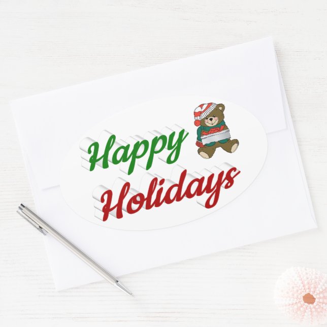 Happy Holidays Teddy Bear Christmas script Oval Sticker (Envelope)