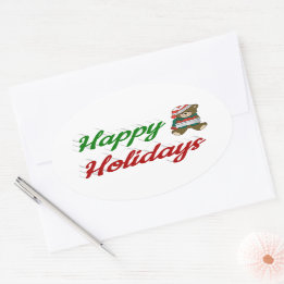 Happy Holidays Teddy Bear Christmas script Oval Sticker