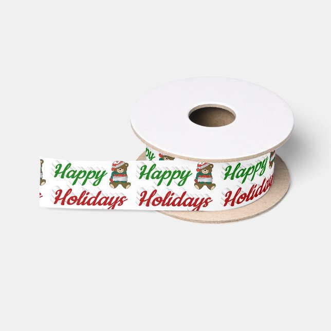 Happy Holidays Teddy Bear Christmas script Satin Ribbon (Spool)