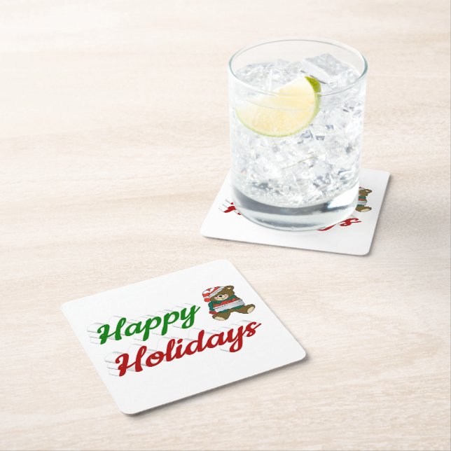 Happy Holidays Teddy Bear Christmas script  Square Paper Coaster (Insitu)