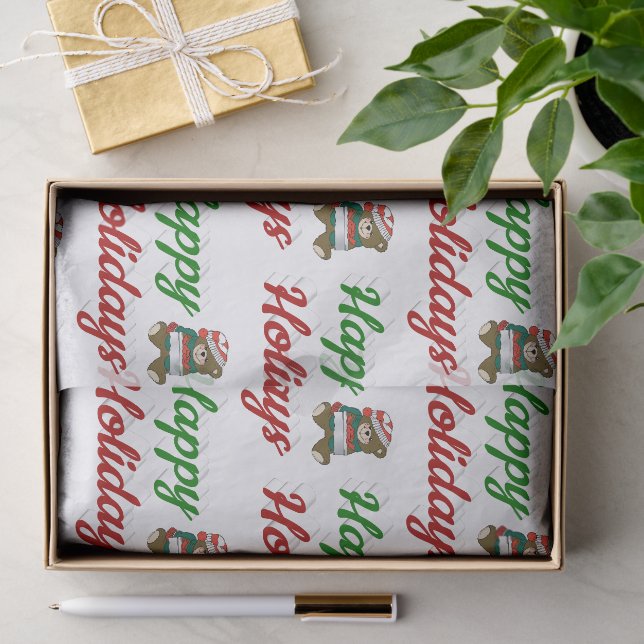 Happy Holidays Teddy Bear Christmas script Tissue Paper (Gift)