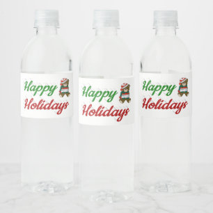 Happy Holidays Teddy Bear Christmas script Water Bottle Label