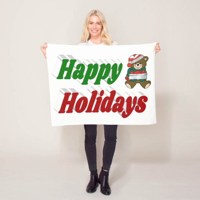 Happy Holidays Teddy Bear Christmas typography Fleece Blanket (In Situ)