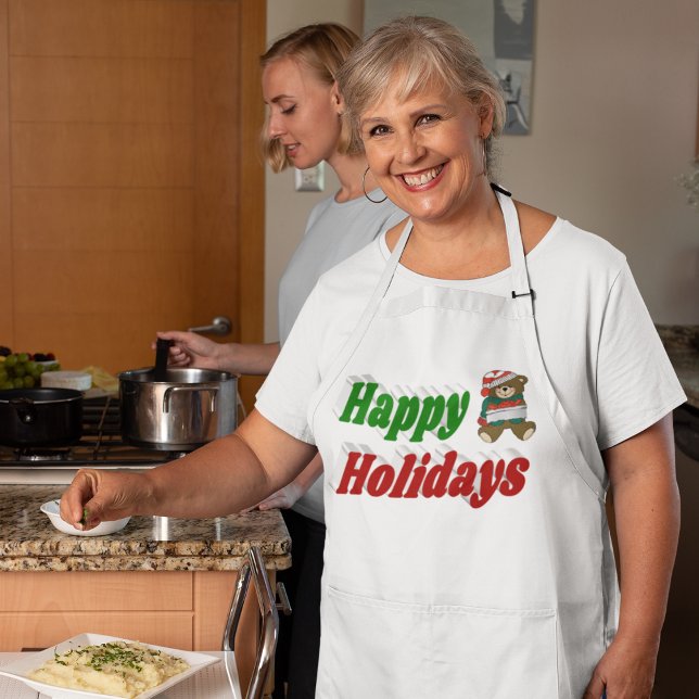 Happy Holidays Teddy Bear Christmas typography Long Apron (Creator Uploaded)