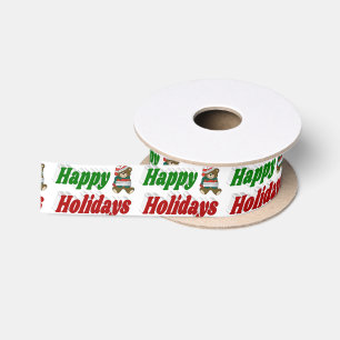 Happy Holidays Teddy Bear Christmas typography Satin Ribbon