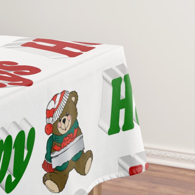 Happy Holidays Teddy Bear Christmas typography  Tablecloth (In Situ)