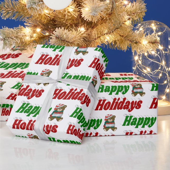 Happy Holidays Teddy Bear Christmas typography  Wrapping Paper (Holidays)