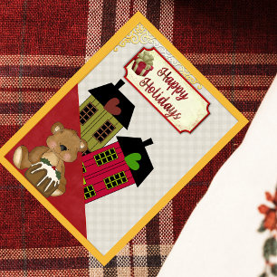 Happy Holidays Teddy Bear Heart Homes Retro Holiday Postcard