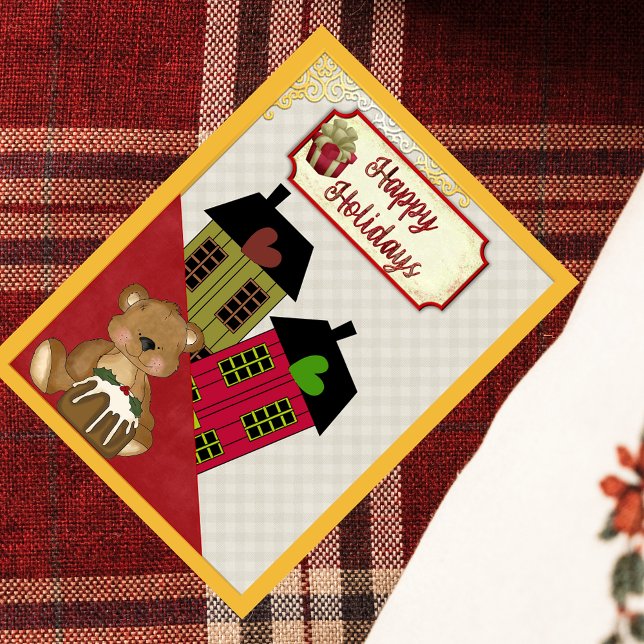Happy Holidays Teddy Bear Heart Homes Retro Holiday Postcard (Creator Uploaded)