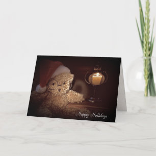 Happy Holidays teddy bear with glowing lamp Card