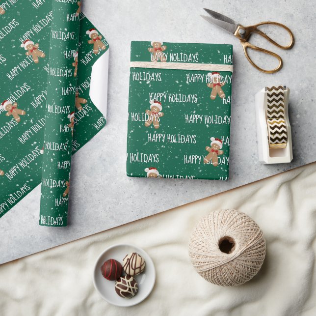 HAPPY HOLIDAYS Text With Gingerbread Men Wrapping Paper (Crafts)