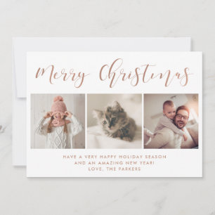 Happy Holidays   Three Photo Rose Gold Calligraphy Holiday Card
