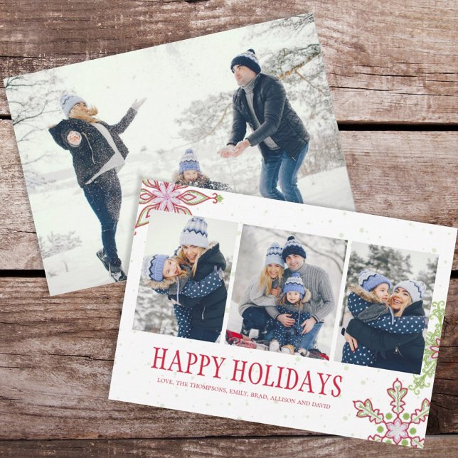 Happy Holidays Traditional Custom Photo Snowflakes Holiday Card (Happy Holidays Christmas photo card with whimsical colorful snowflake design. )