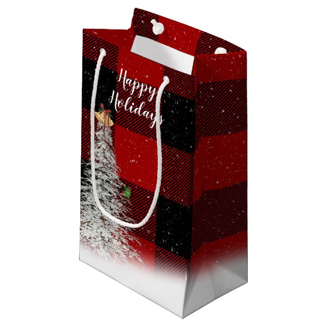 Happy Holidays tree on buffalo plaid Small Gift Bag (Front Angled)