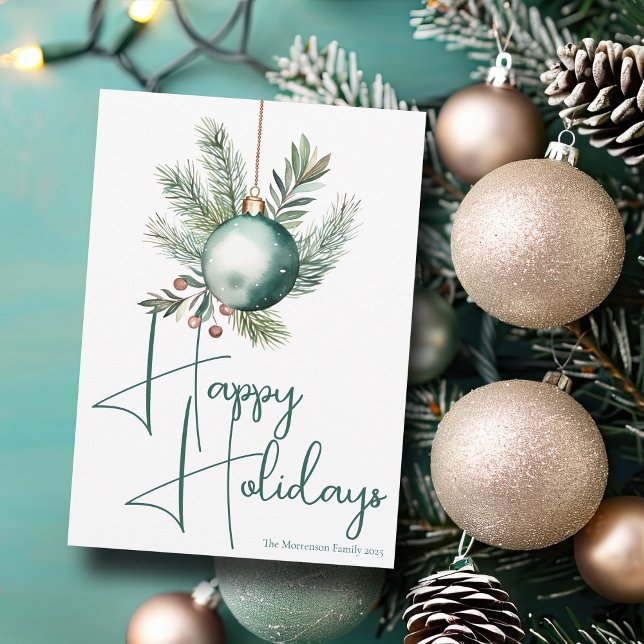 Happy Holidays Trendy Green Watercolor Ornament Holiday Card (Creator Uploaded)