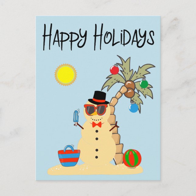 Happy Holidays Tropical Sand Snowman Christmas Postcard (Front)