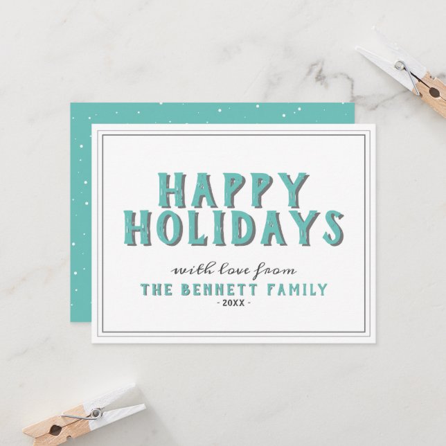 Happy Holidays Turquoise Typography Christmas Card (Front/Back In Situ)