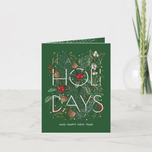 Happy Holidays Typography Greenery Berries Folded Holiday Card